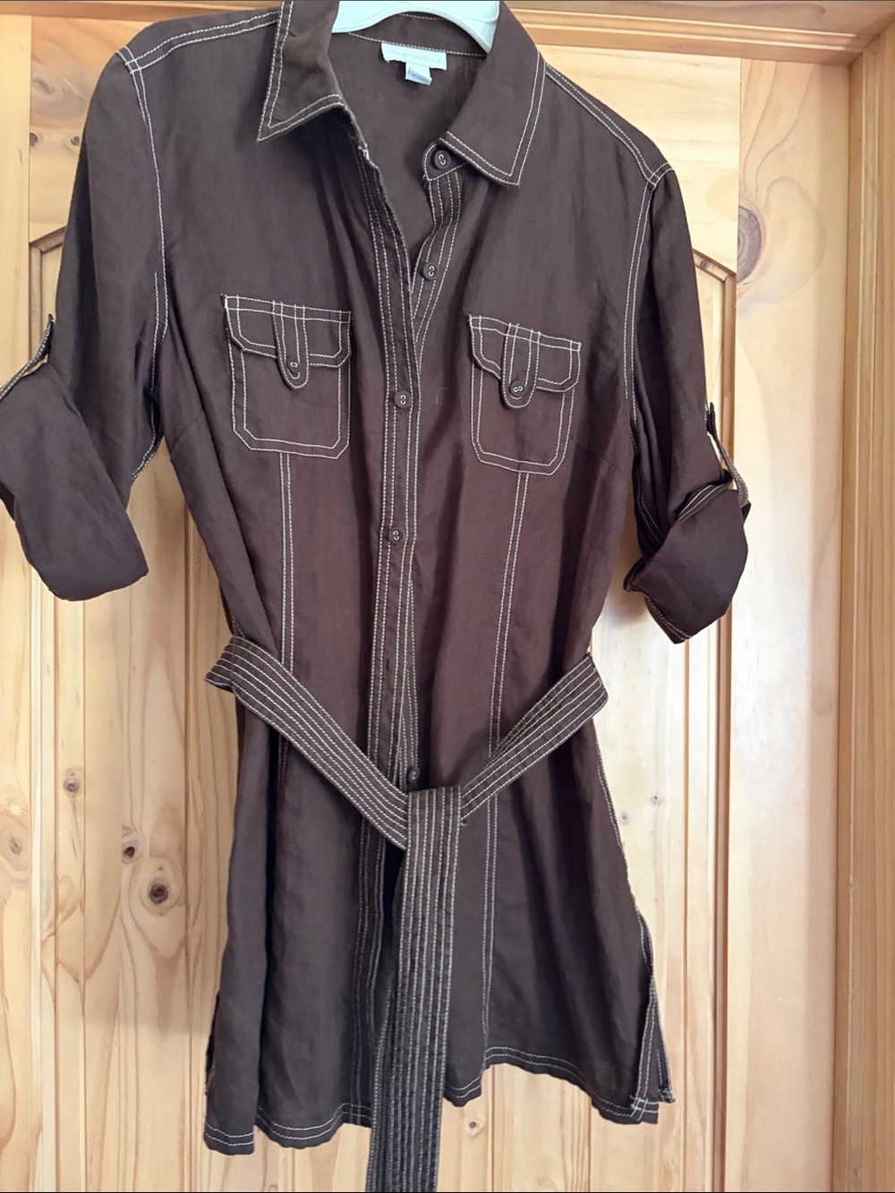 Charter Club Brown Button-Front Utility Tunic with Contrast Stitching